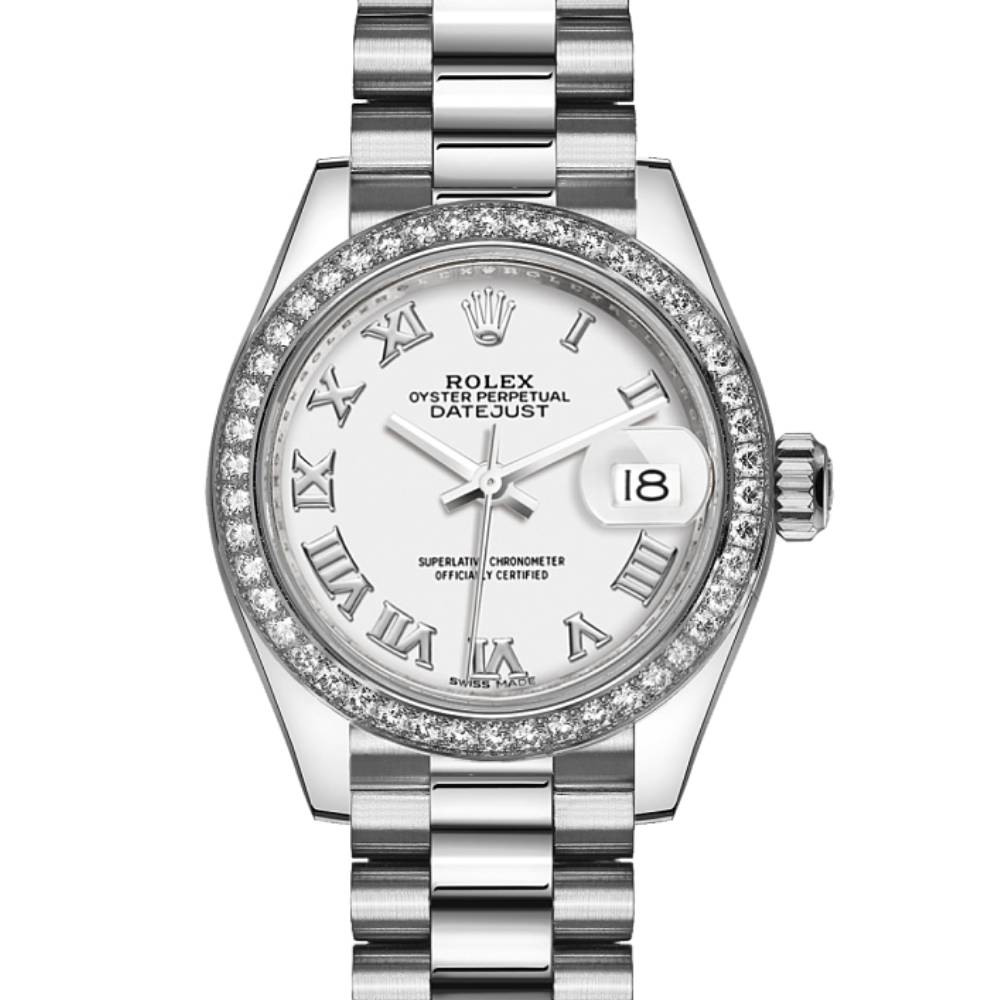 Rolex Lady-Datejust 28mm - Ref: 279136rbr-0013 - White Diamond Dial & Diamond Bezel, 18K White Gold Presidential Bracelet Women's Watch