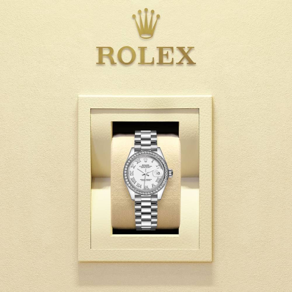 Rolex Lady-Datejust 28mm - Ref: 279136rbr-0013 - White Diamond Dial & Diamond Bezel, 18K White Gold Presidential Bracelet Women's Watch