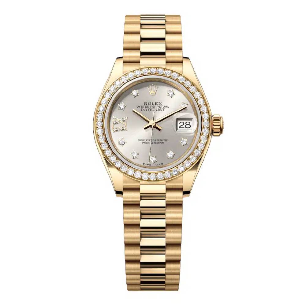 Rolex Lady Datejust 28mm - Ref: 279138rbr-0001 - Silver Dial, 18K Yellow Gold President Bracelet Women's Watch