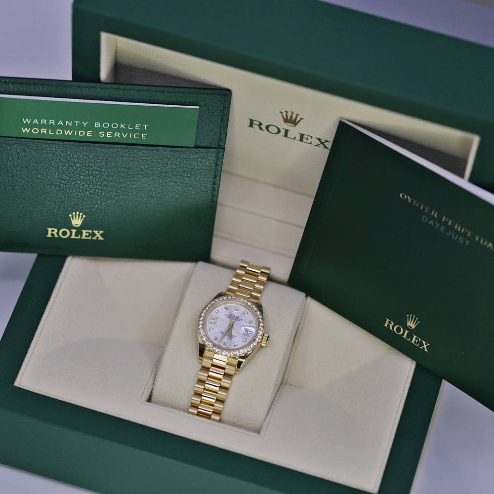 Rolex Lady Datejust 28mm - Ref: 279138rbr-0001 - Silver Dial, 18K Yellow Gold President Bracelet Women's Watch