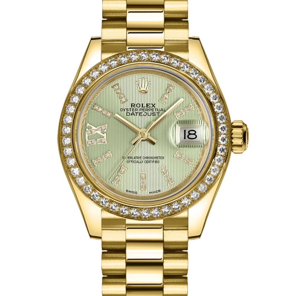 Rolex Lady Datejust 28mm - Ref: 279138rbr-0003 - Green Dial, 18K Yellow Gold President Bracelet Women's Watch