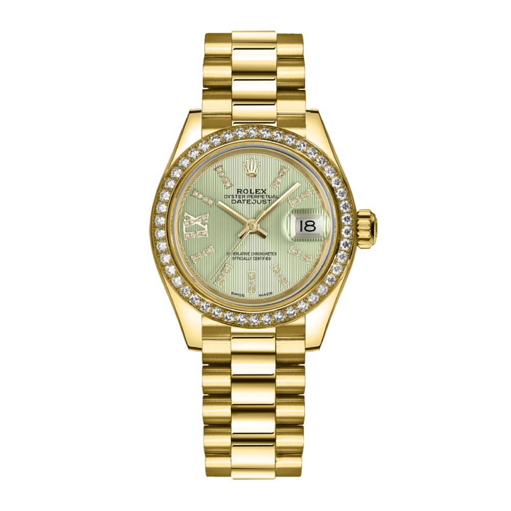 Rolex Lady Datejust 28mm - Ref: 279138rbr-0003 - Green Dial, 18K Yellow Gold President Bracelet Women's Watch