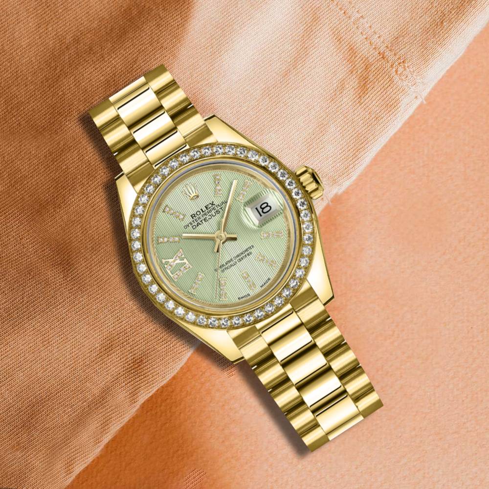 Rolex Lady Datejust 28mm - Ref: 279138rbr-0003 - Green Dial, 18K Yellow Gold President Bracelet Women's Watch