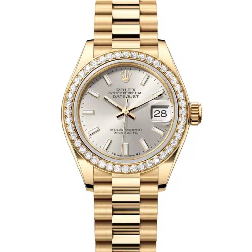 Rolex Lady Datejust 28mm - Ref: 279138rbr-0005 - Silver Dial, 18K Yellow Gold President Bracelet Women's Watch