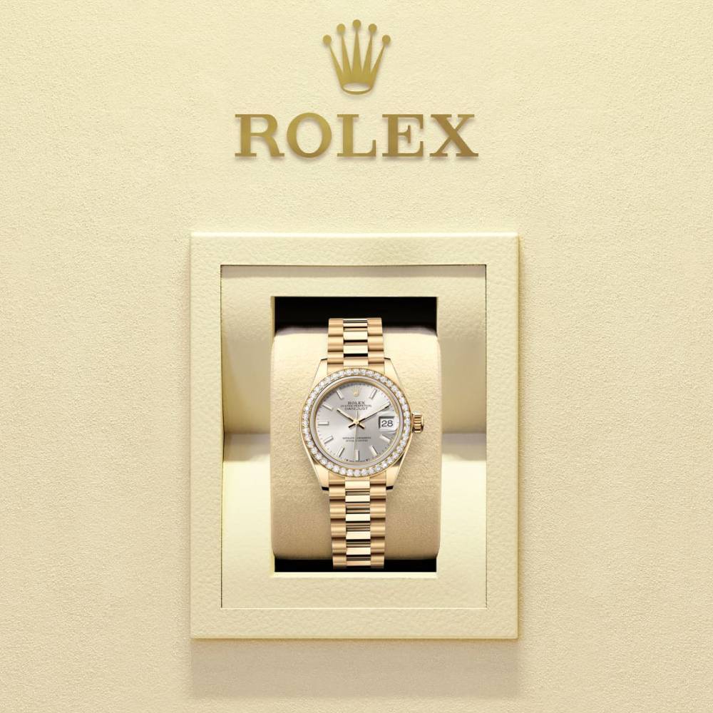 Rolex Lady Datejust 28mm - Ref: 279138rbr-0005 - Silver Dial, 18K Yellow Gold President Bracelet Women's Watch