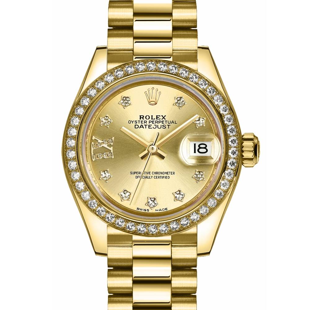 Rolex Lady-Datejust 28mm - Ref: 279138rbr-0006 - Champagne Diamond Dial & Diamond Bezel, 18K Yellow Gold Presidential Bracelet Women's Watch