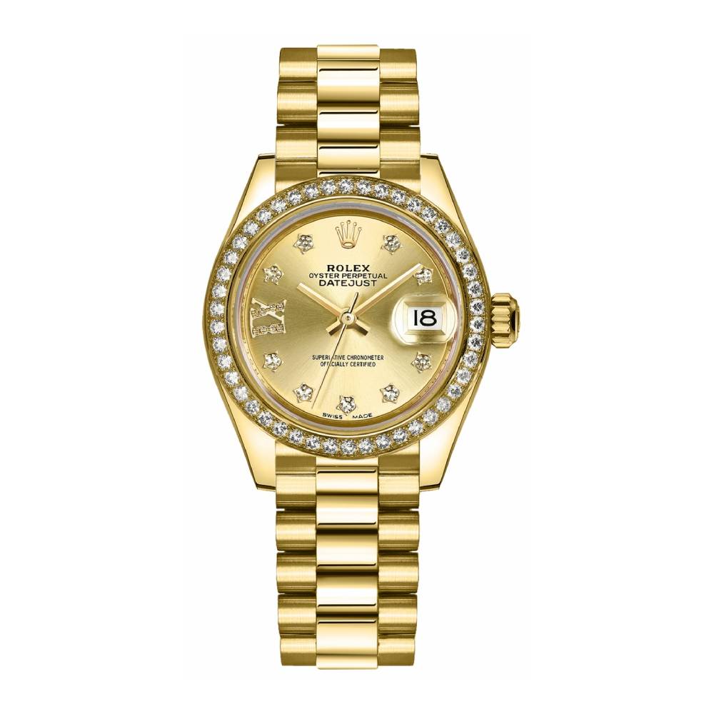 Rolex Lady-Datejust 28mm - Ref: 279138rbr-0006 - Champagne Diamond Dial & Diamond Bezel, 18K Yellow Gold Presidential Bracelet Women's Watch