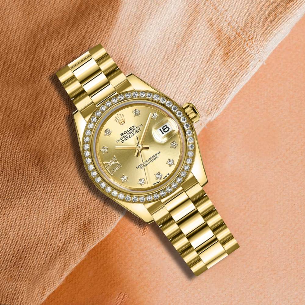 Rolex Lady-Datejust 28mm - Ref: 279138rbr-0006 - Champagne Diamond Dial & Diamond Bezel, 18K Yellow Gold Presidential Bracelet Women's Watch