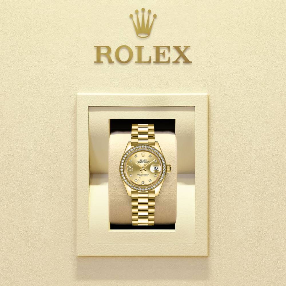 Rolex Lady-Datejust 28mm - Ref: 279138rbr-0006 - Champagne Diamond Dial & Diamond Bezel, 18K Yellow Gold Presidential Bracelet Women's Watch