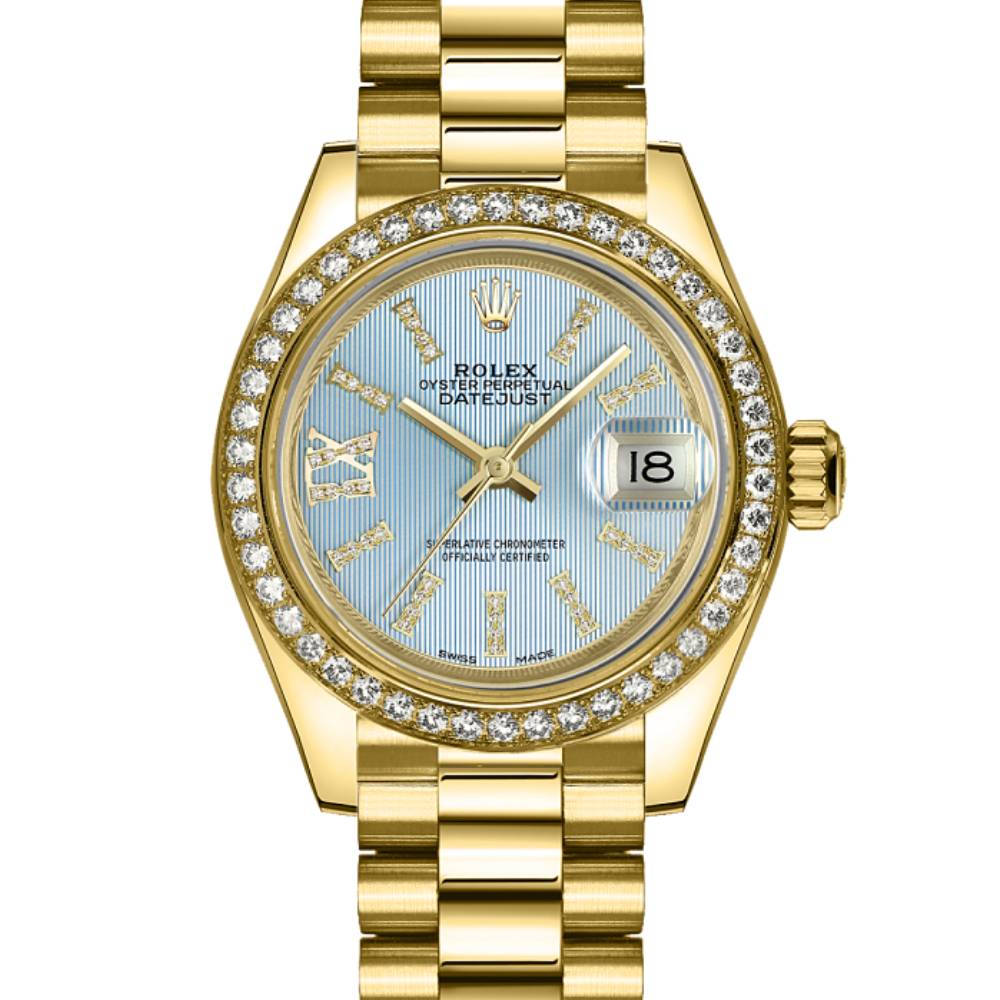 Rolex Lady Datejust 28mm - Ref: 279138rbr-0008 - Blue Dial, 18K Yellow Gold President Bracelet Women's Watch