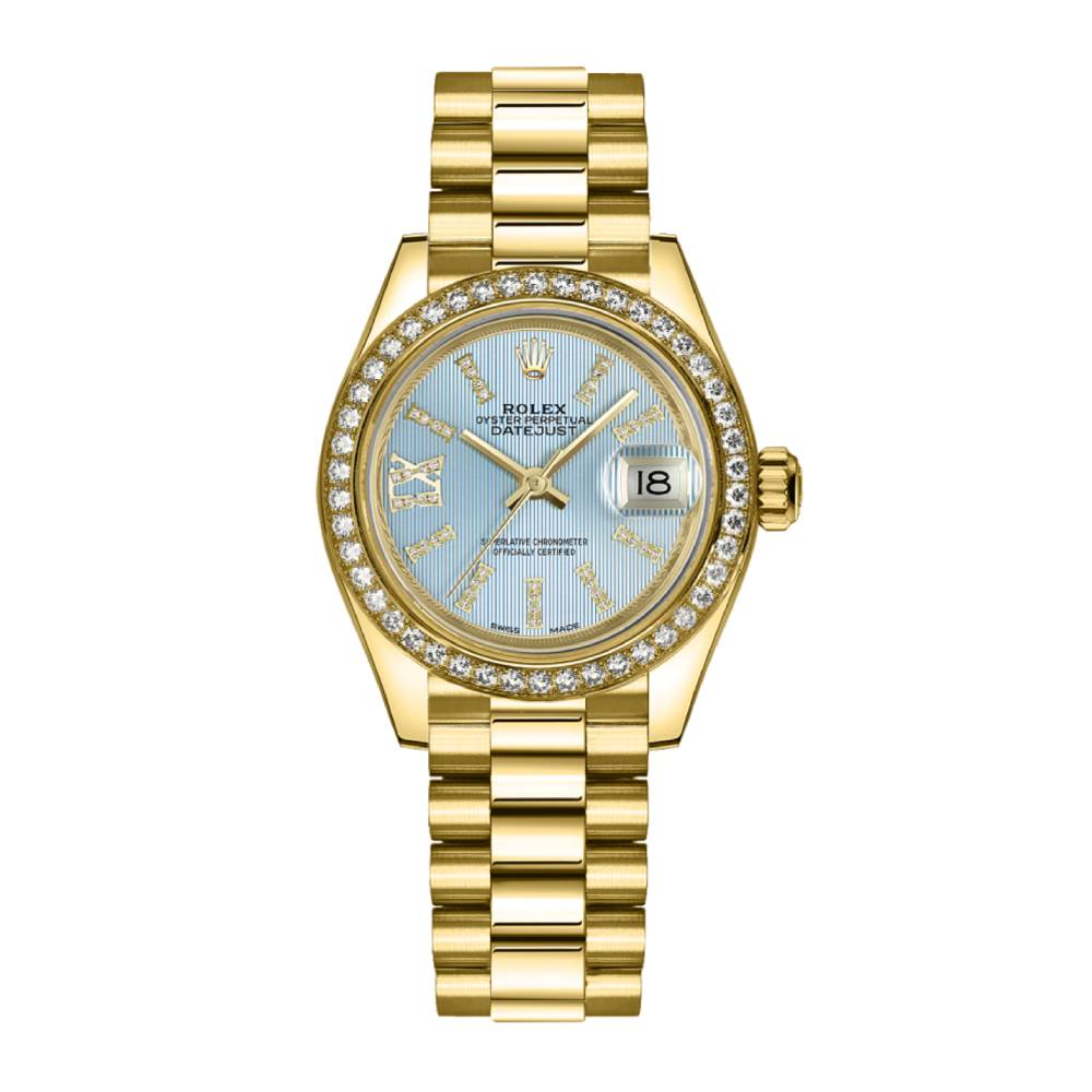 Rolex Lady Datejust 28mm - Ref: 279138rbr-0008 - Blue Dial, 18K Yellow Gold President Bracelet Women's Watch