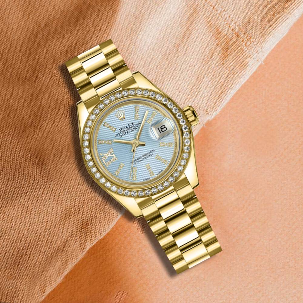 Rolex Lady Datejust 28mm - Ref: 279138rbr-0008 - Blue Dial, 18K Yellow Gold President Bracelet Women's Watch