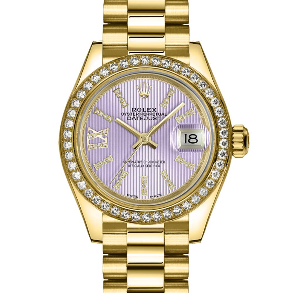 Rolex Lady Datejust 28mm - Ref: 279138rbr-0010 - Purple Dial, 18K Yellow Gold President Bracelet Women's Watch