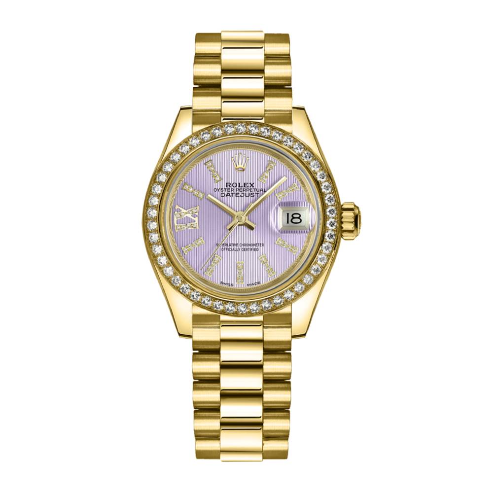 Rolex Lady Datejust 28mm - Ref: 279138rbr-0010 - Purple Dial, 18K Yellow Gold President Bracelet Women's Watch