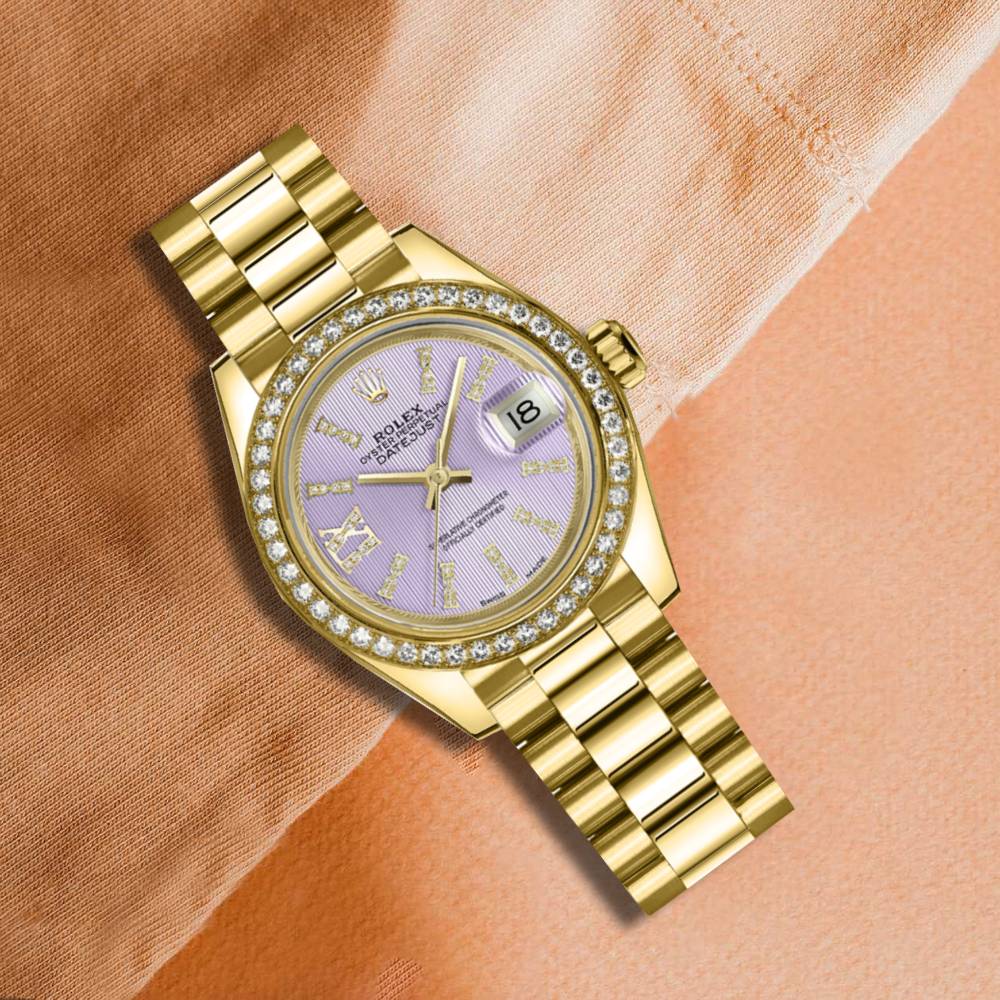 Rolex Lady Datejust 28mm - Ref: 279138rbr-0010 - Purple Dial, 18K Yellow Gold President Bracelet Women's Watch