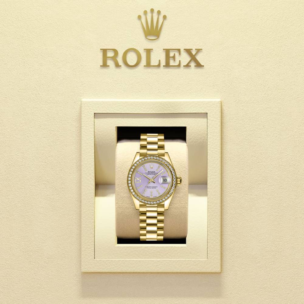 Rolex Lady Datejust 28mm - Ref: 279138rbr-0010 - Purple Dial, 18K Yellow Gold President Bracelet Women's Watch