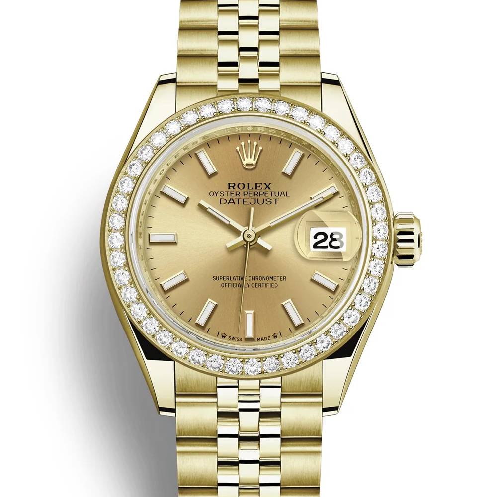 Rolex Lady-Datejust 28mm - Ref: 279138rbr-0013 - Champagne Dial & Diamond Bezel, 18K Yellow Gold Presidential Bracelet Women's Watch