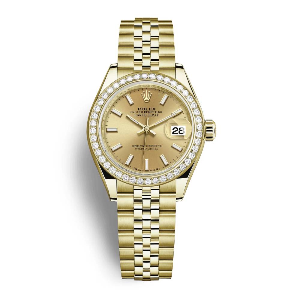 Rolex Lady-Datejust 28mm - Ref: 279138rbr-0013 - Champagne Dial & Diamond Bezel, 18K Yellow Gold Presidential Bracelet Women's Watch