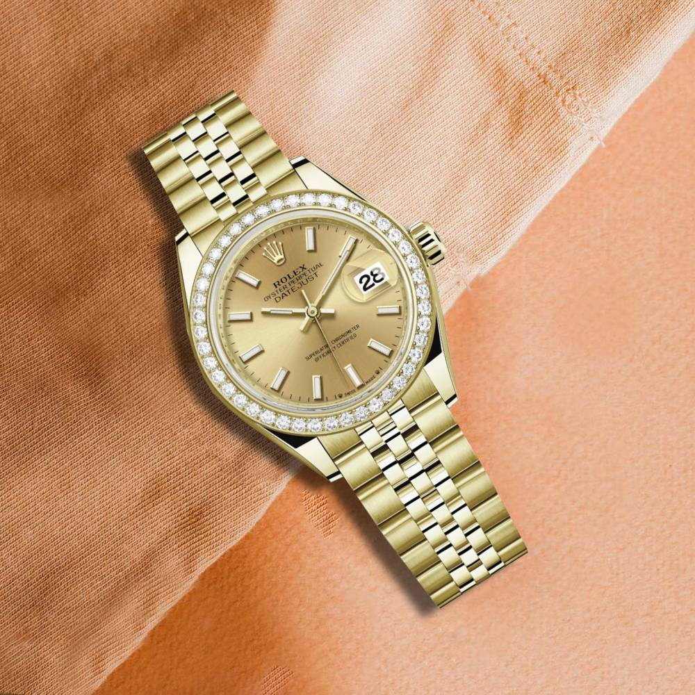 Rolex Lady-Datejust 28mm - Ref: 279138rbr-0013 - Champagne Dial & Diamond Bezel, 18K Yellow Gold Presidential Bracelet Women's Watch