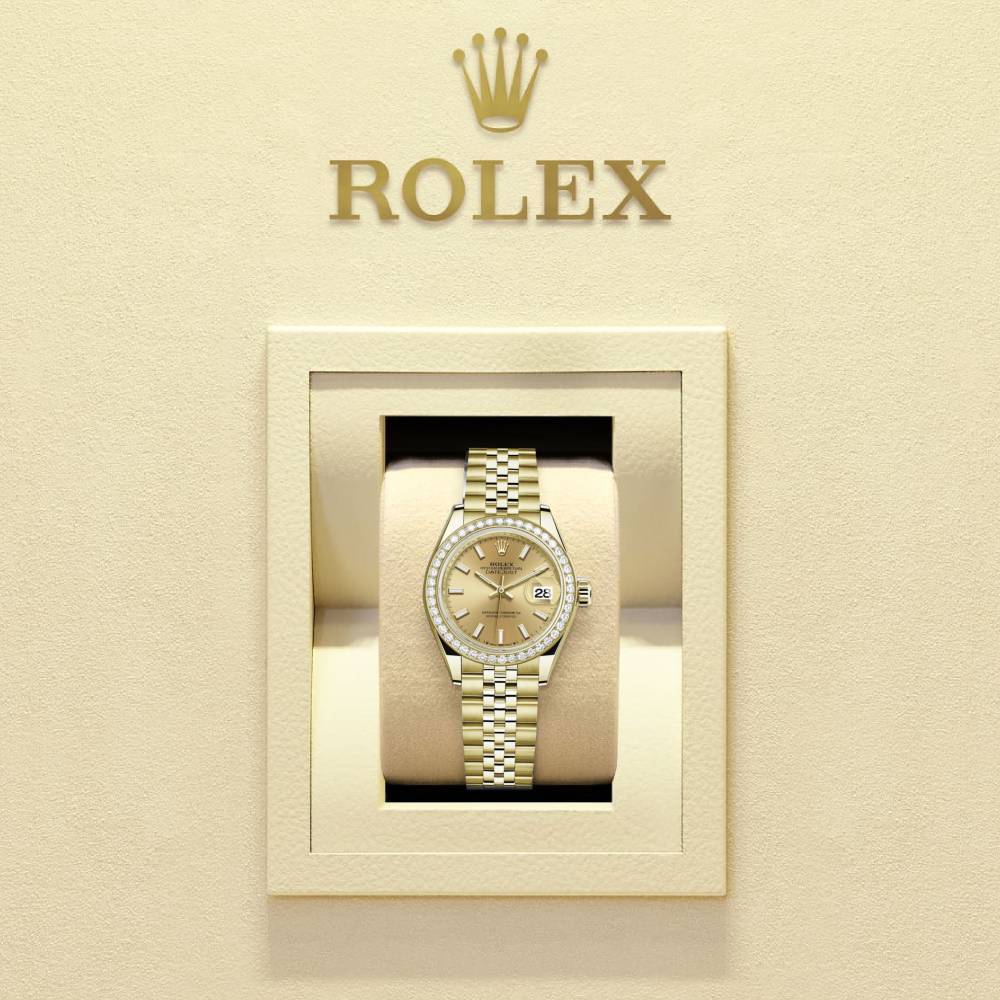 Rolex Lady-Datejust 28mm - Ref: 279138rbr-0013 - Champagne Dial & Diamond Bezel, 18K Yellow Gold Presidential Bracelet Women's Watch