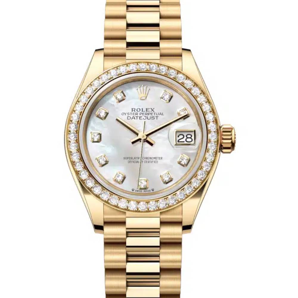 Rolex Lady Datejust 28mm - Ref: 279138rbr-0015 - White Mother of Pearl Dial, 18K Yellow Gold President Bracelet Women's Watch