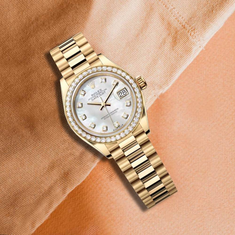 Rolex Lady Datejust 28mm - Ref: 279138rbr-0015 - White Mother of Pearl Dial, 18K Yellow Gold President Bracelet Women's Watch