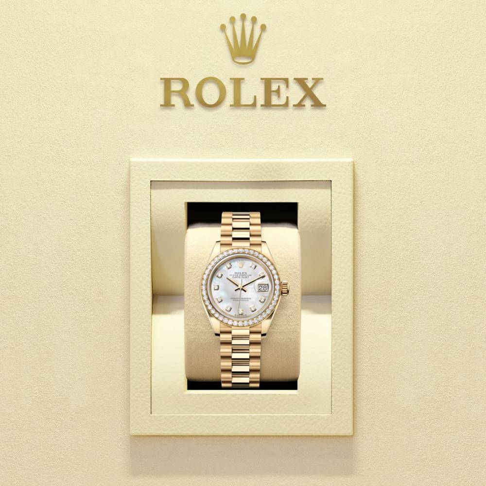 Rolex Lady Datejust 28mm - Ref: 279138rbr-0015 - White Mother of Pearl Dial, 18K Yellow Gold President Bracelet Women's Watch