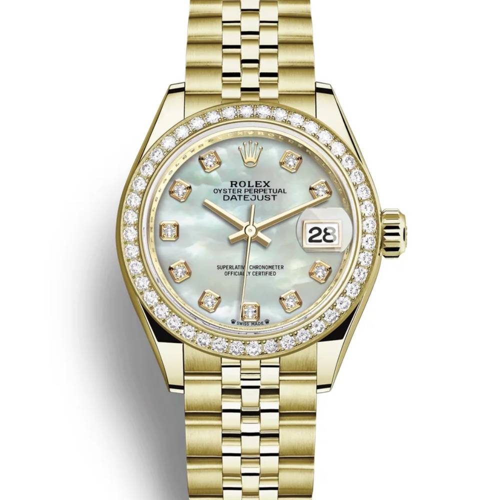 Rolex Lady Datejust 28mm - Ref: 279138rbr-0016 - White Mother of Pearl Dial, 18K Yellow Gold Jubilee Bracelet Women's Watch