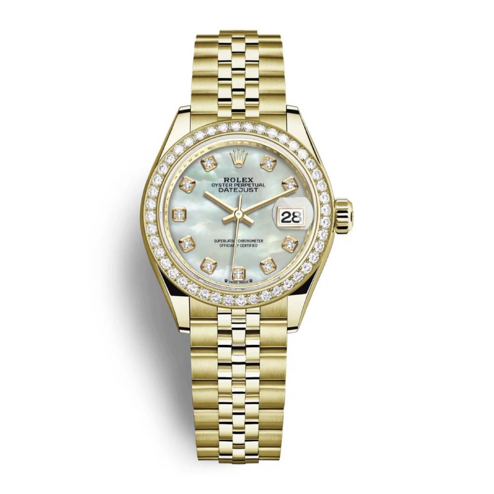 Rolex Lady Datejust 28mm - Ref: 279138rbr-0016 - White Mother of Pearl Dial, 18K Yellow Gold Jubilee Bracelet Women's Watch