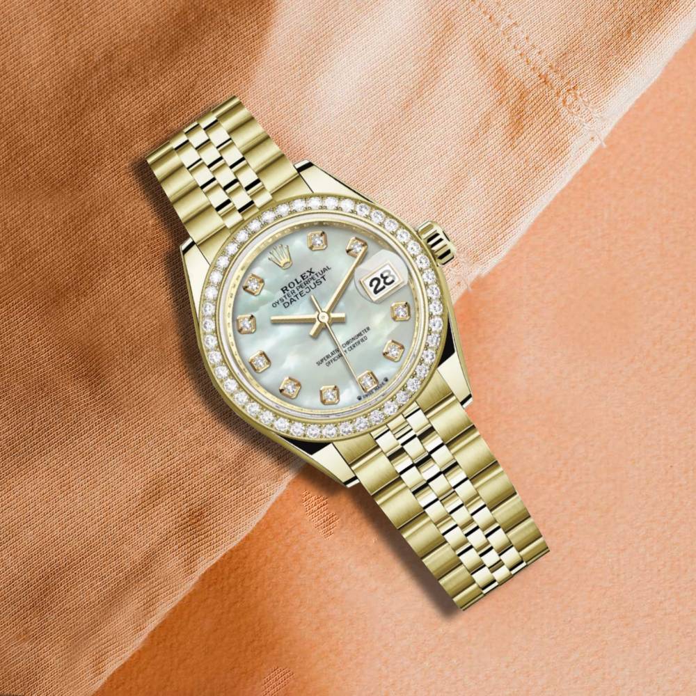 Rolex Lady Datejust 28mm - Ref: 279138rbr-0016 - White Mother of Pearl Dial, 18K Yellow Gold Jubilee Bracelet Women's Watch