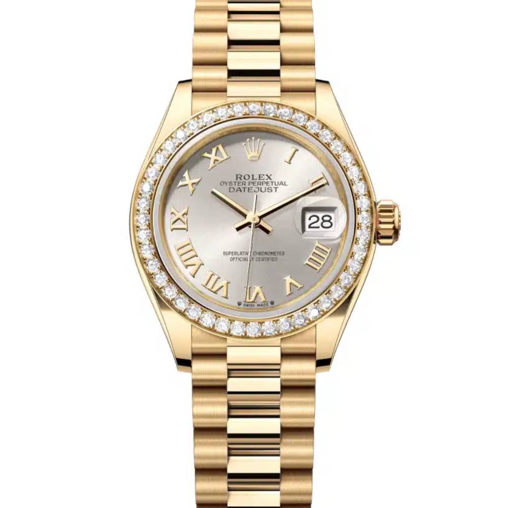 Rolex Lady Datejust 28mm - Ref: 279138rbr-0017 - Silver Dial, 18K Yellow Gold President Bracelet Women's Watch