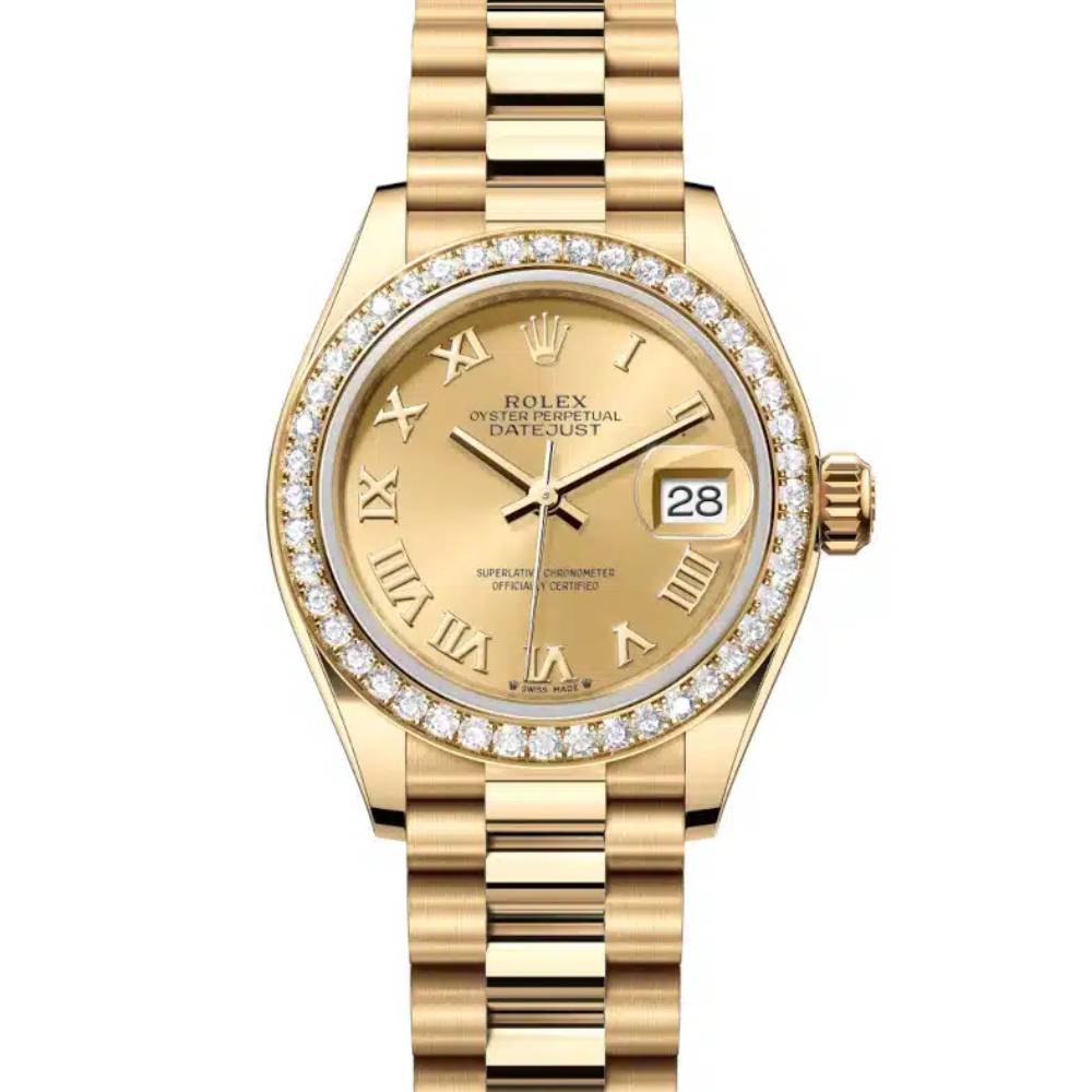 Rolex Lady-Datejust 28mm - Ref: 279138rbr-0021 - Champagne Roman Dial & Diamond Bezel, 18K Yellow Gold Presidential Bracelet Women's Watch