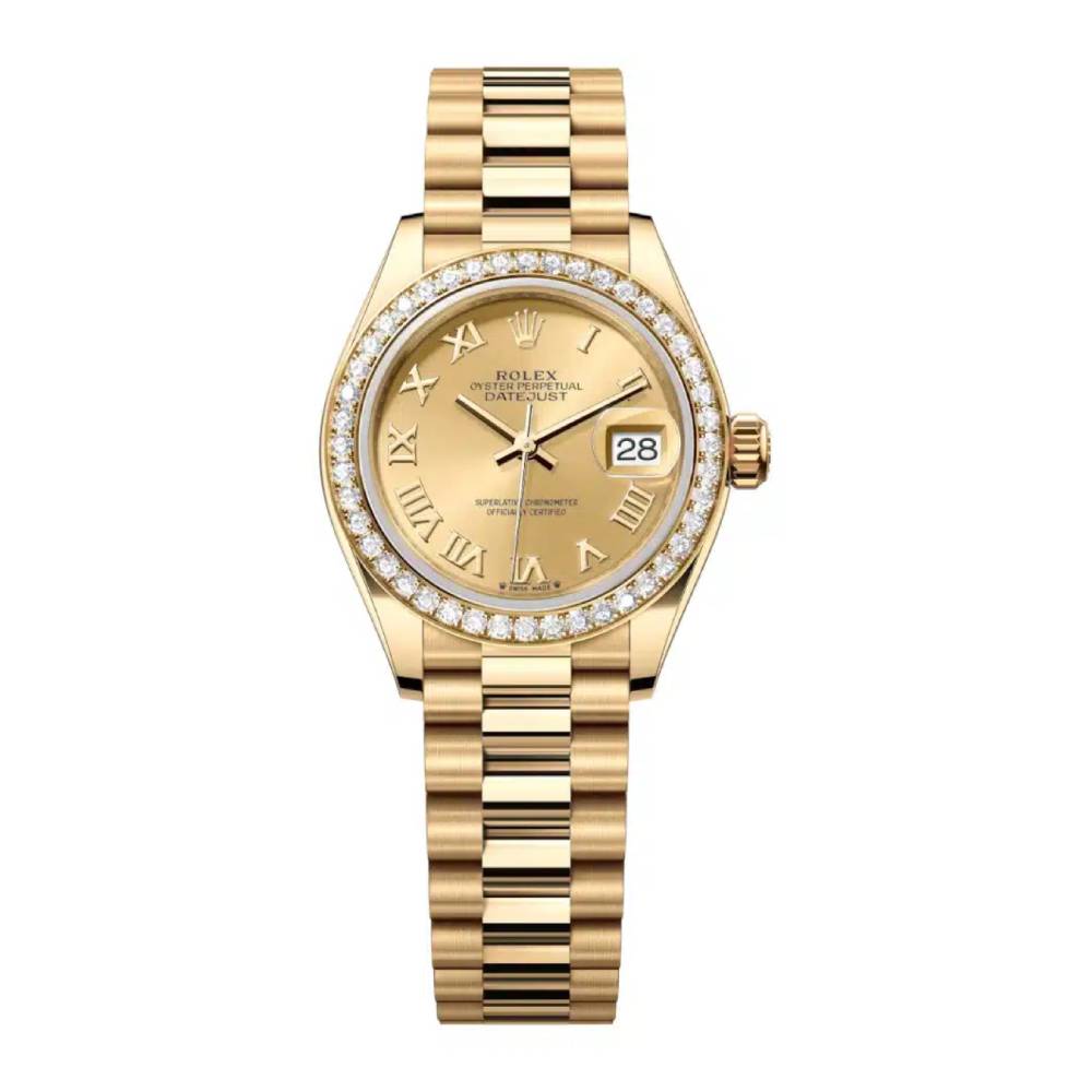 Rolex Lady-Datejust 28mm - Ref: 279138rbr-0021 - Champagne Roman Dial & Diamond Bezel, 18K Yellow Gold Presidential Bracelet Women's Watch