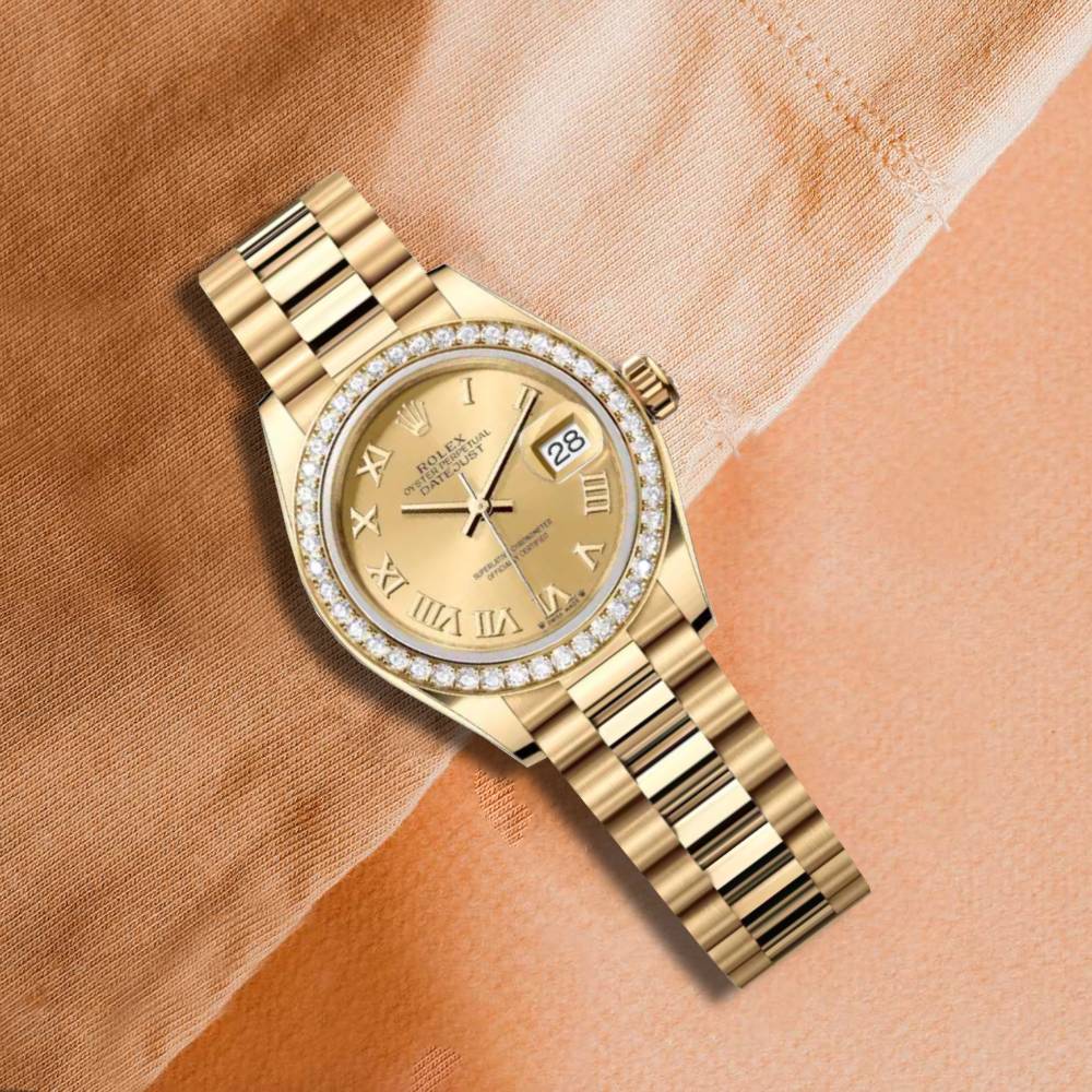 Rolex Lady-Datejust 28mm - Ref: 279138rbr-0021 - Champagne Roman Dial & Diamond Bezel, 18K Yellow Gold Presidential Bracelet Women's Watch