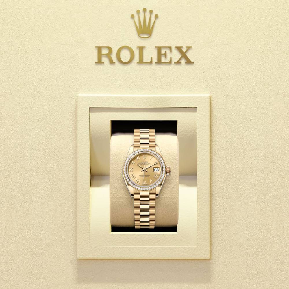 Rolex Lady-Datejust 28mm - Ref: 279138rbr-0021 - Champagne Roman Dial & Diamond Bezel, 18K Yellow Gold Presidential Bracelet Women's Watch