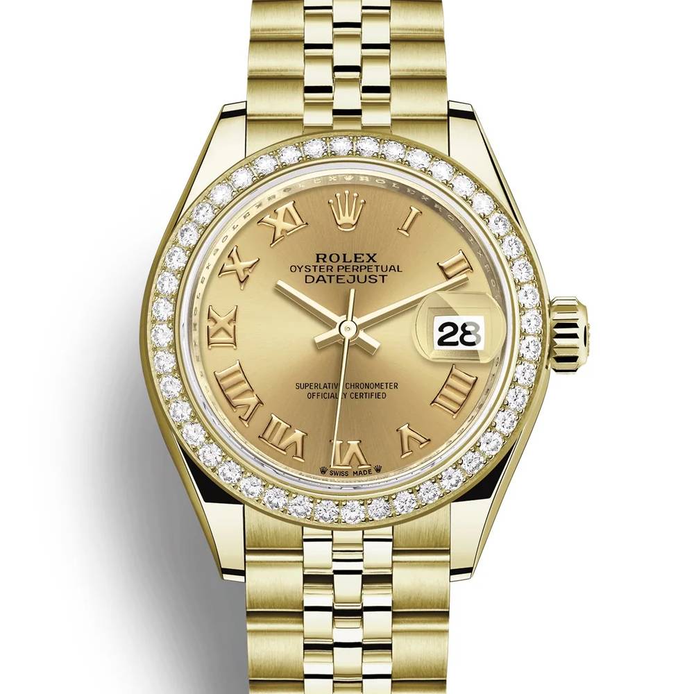 Rolex Lady-Datejust 28mm - Ref: 279138rbr-0022 - Champagne Roman Dial & Diamond Bezel, 18K Yellow Gold Jubilee Bracelet Women's Watch