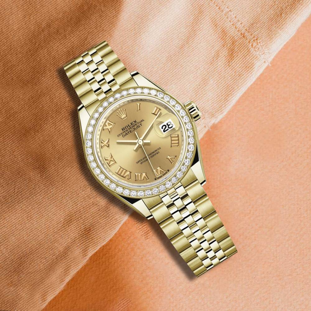 Rolex Lady-Datejust 28mm - Ref: 279138rbr-0022 - Champagne Roman Dial & Diamond Bezel, 18K Yellow Gold Jubilee Bracelet Women's Watch