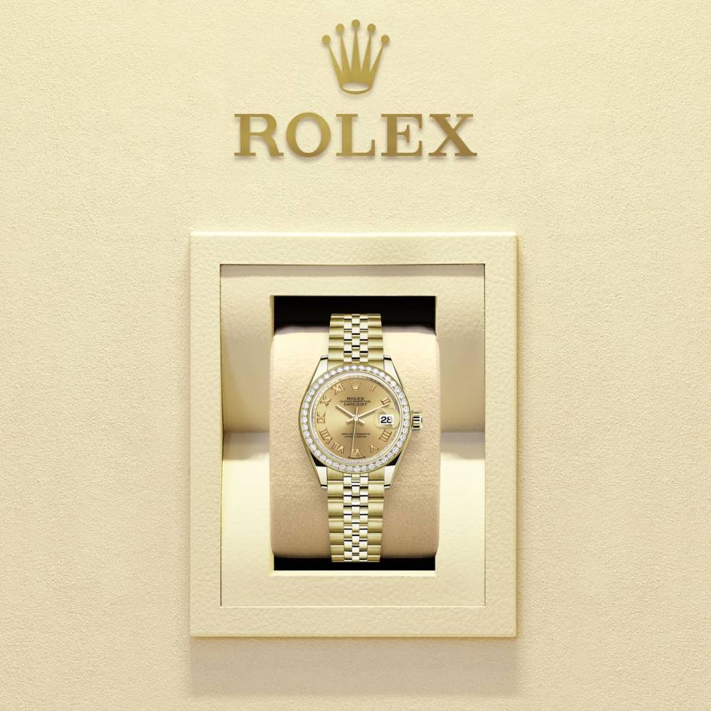 Rolex Lady-Datejust 28mm - Ref: 279138rbr-0022 - Champagne Roman Dial & Diamond Bezel, 18K Yellow Gold Jubilee Bracelet Women's Watch