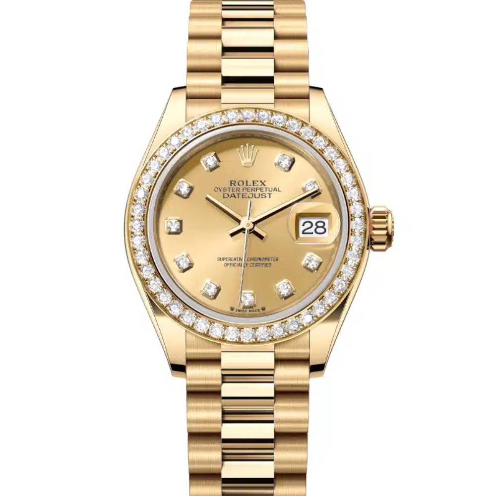 Rolex Lady Datejust 28mm - Ref: 279138rbr-0023 - Champagne Dial, 18K Yellow Gold President Bracelet Women's Watch