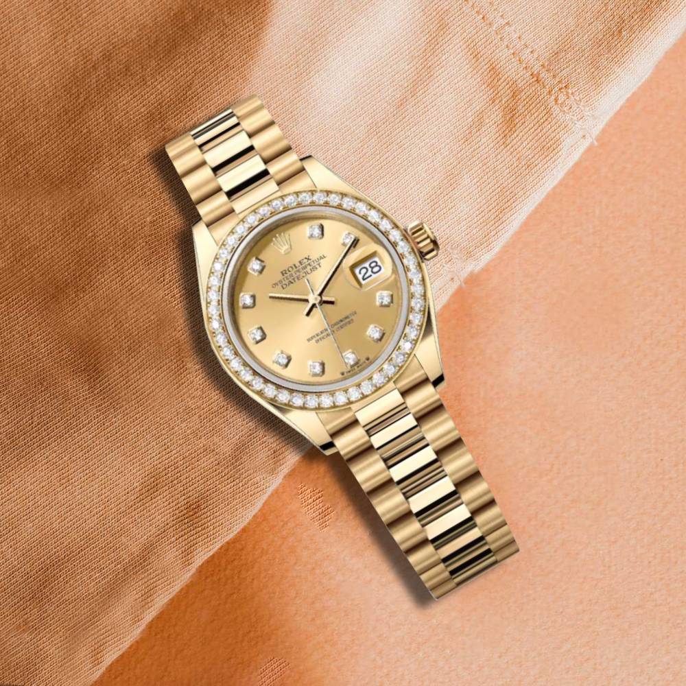 Rolex Lady Datejust 28mm - Ref: 279138rbr-0023 - Champagne Dial, 18K Yellow Gold President Bracelet Women's Watch