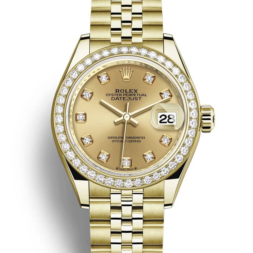 Rolex Lady-Datejust 28mm - Ref: 279138rbr-0024 - Champagne Diamond Dial & Diamond Bezel, 18K Yellow Gold Jubilee Bracelet Women's Watch