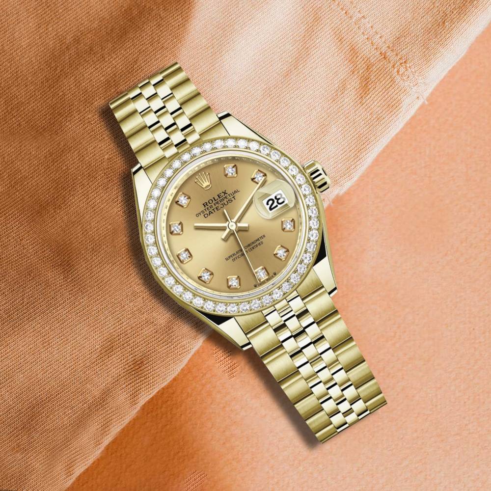 Rolex Lady-Datejust 28mm - Ref: 279138rbr-0024 - Champagne Diamond Dial & Diamond Bezel, 18K Yellow Gold Jubilee Bracelet Women's Watch