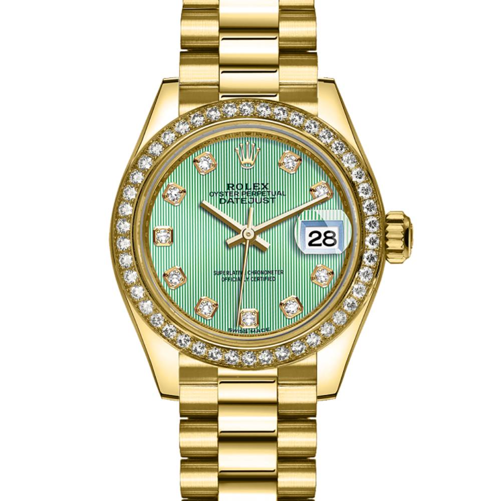 Rolex Lady Datejust 28mm - Ref: 279138rbr-0025 - Green Dial, 18K Yellow Gold President Bracelet Women's Watch