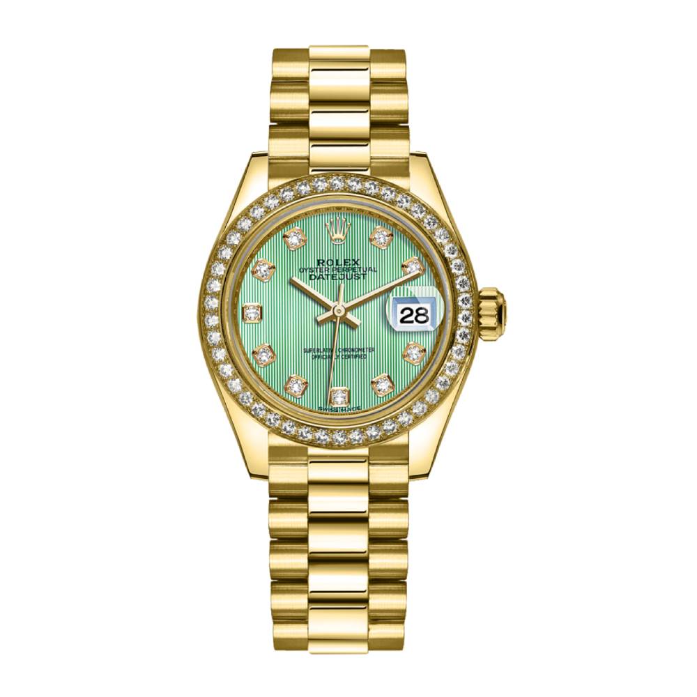 Rolex Lady Datejust 28mm - Ref: 279138rbr-0025 - Green Dial, 18K Yellow Gold President Bracelet Women's Watch