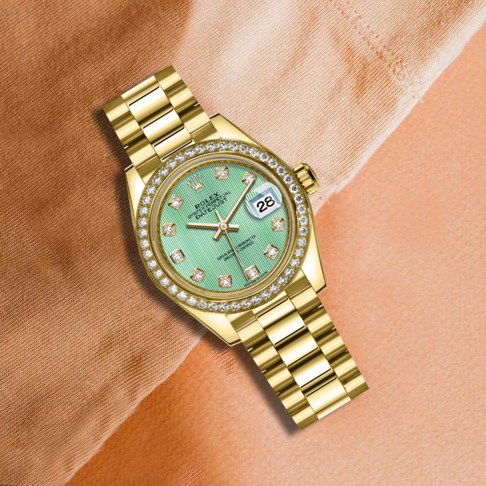 Rolex Lady Datejust 28mm - Ref: 279138rbr-0025 - Green Dial, 18K Yellow Gold President Bracelet Women's Watch