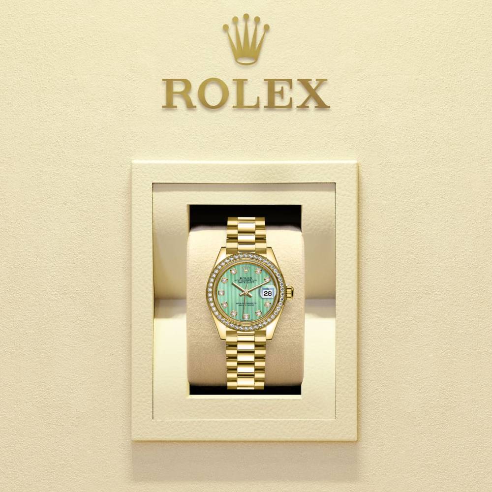 Rolex Lady Datejust 28mm - Ref: 279138rbr-0025 - Green Dial, 18K Yellow Gold President Bracelet Women's Watch