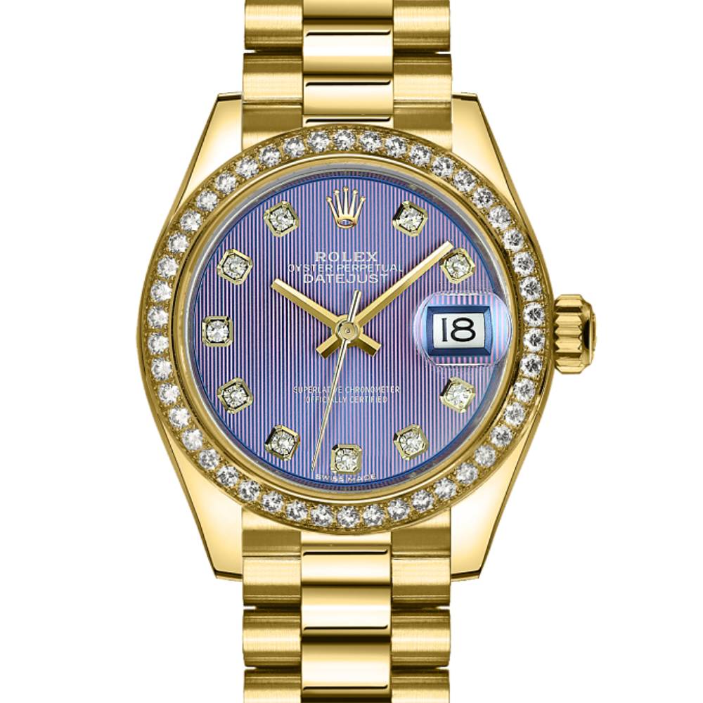 Rolex Lady Datejust 28mm - Ref: 279138rbr-0027 - Purple Dial, 18K Yellow Gold President Bracelet Women's Watch