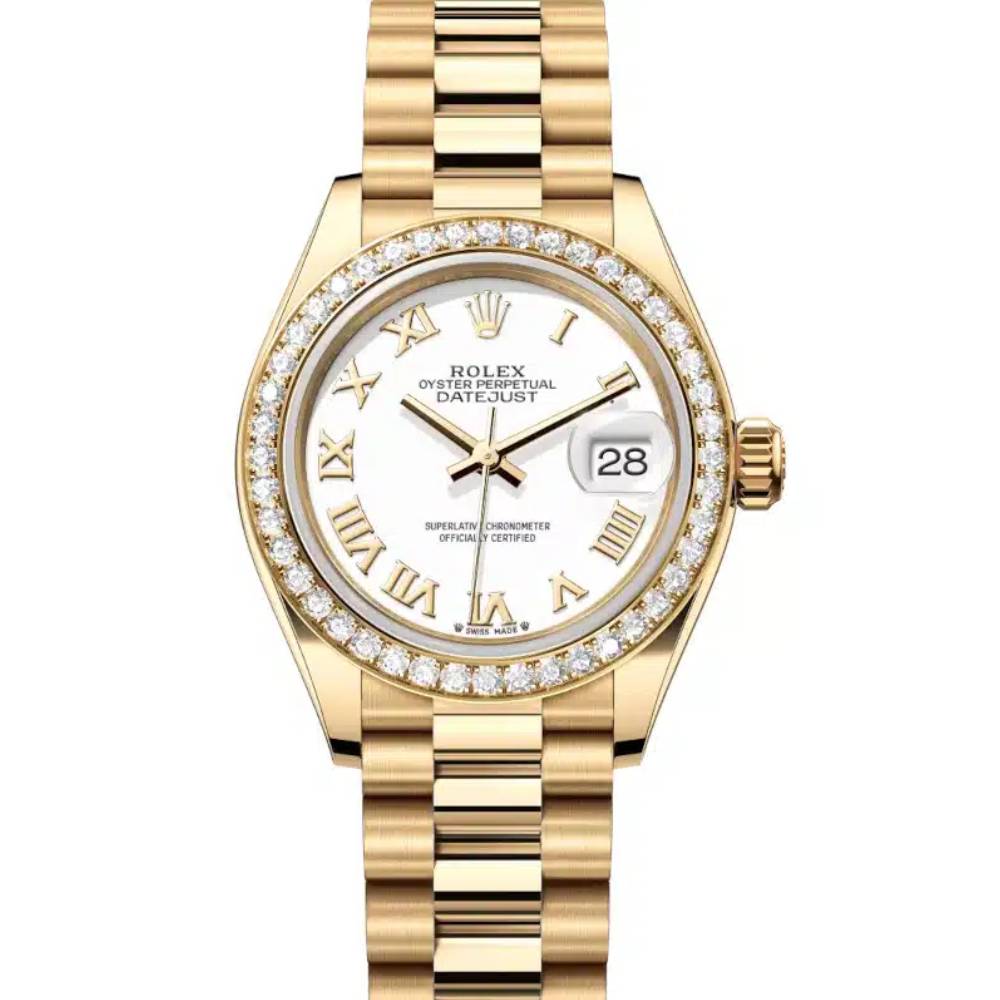 Rolex Lady-Datejust 28mm - Ref: 279138rbr-0031 - White Roman Dial & Diamond Bezel, 18K Yellow Gold Presidential Bracelet Women's Watch