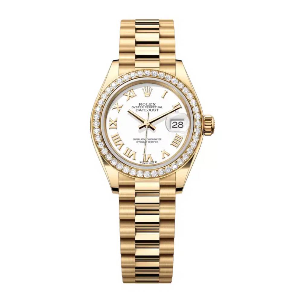 Rolex Lady-Datejust 28mm - Ref: 279138rbr-0031 - White Roman Dial & Diamond Bezel, 18K Yellow Gold Presidential Bracelet Women's Watch