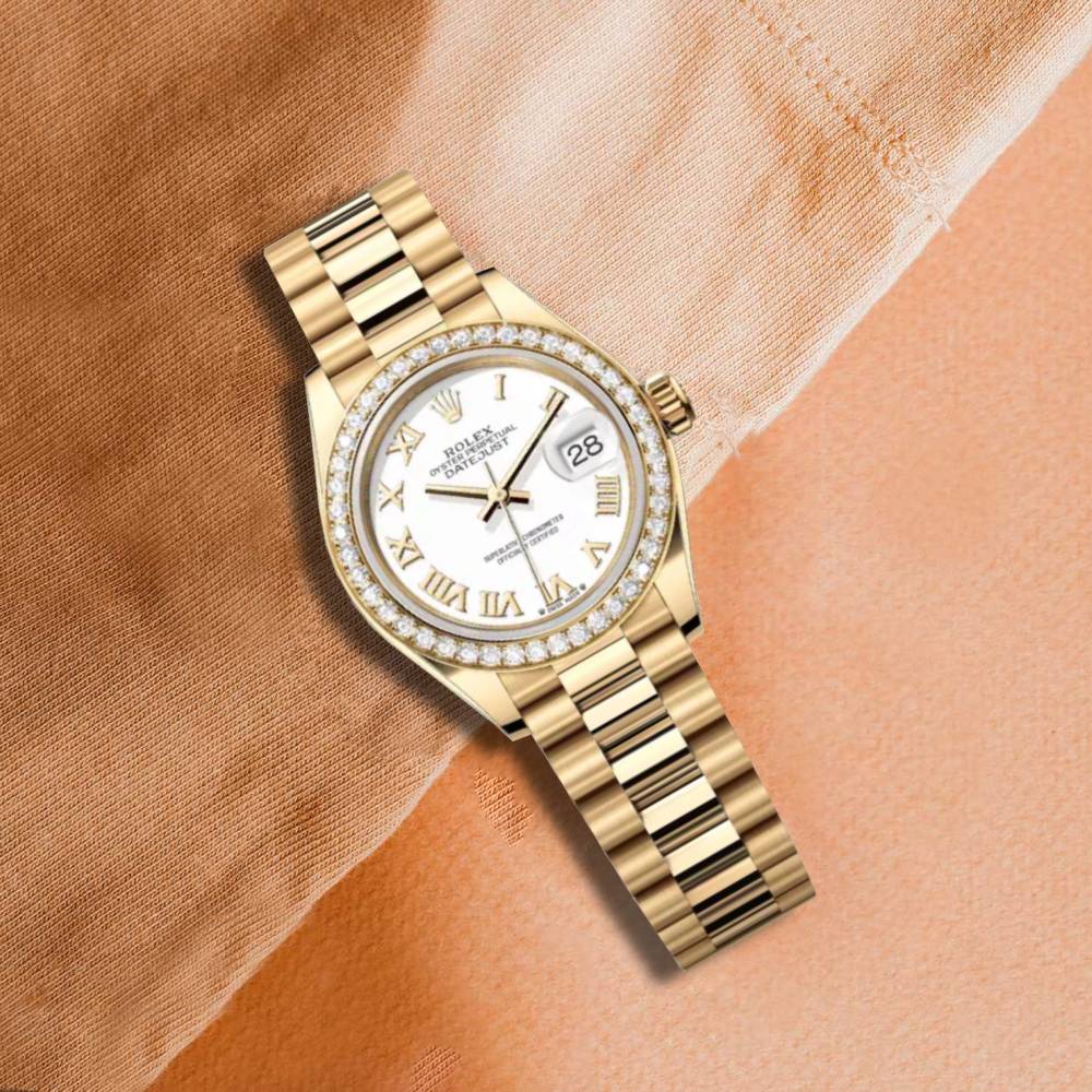 Rolex Lady-Datejust 28mm - Ref: 279138rbr-0031 - White Roman Dial & Diamond Bezel, 18K Yellow Gold Presidential Bracelet Women's Watch